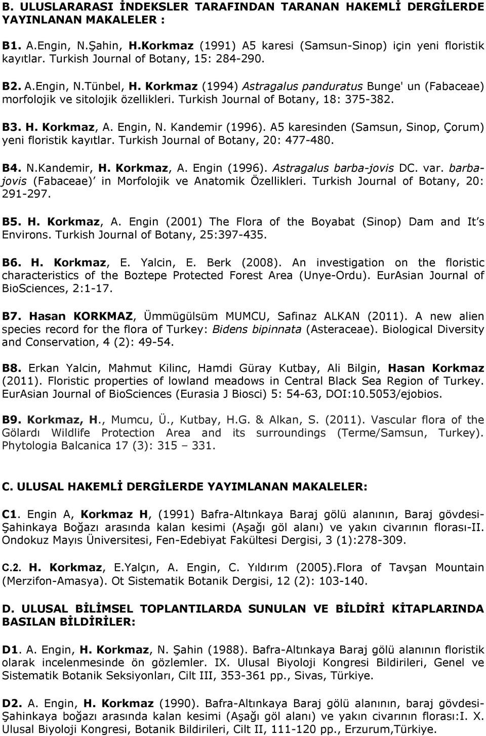 B3. H. Korkmaz, A. Engin, N. Kandemir (1996). A5 karesinden (Samsun, Sinop, Çorum) yeni floristik kayıtlar. Turkish Journal of Botany, 20: 477-480. B4. N.Kandemir, H. Korkmaz, A. Engin (1996).