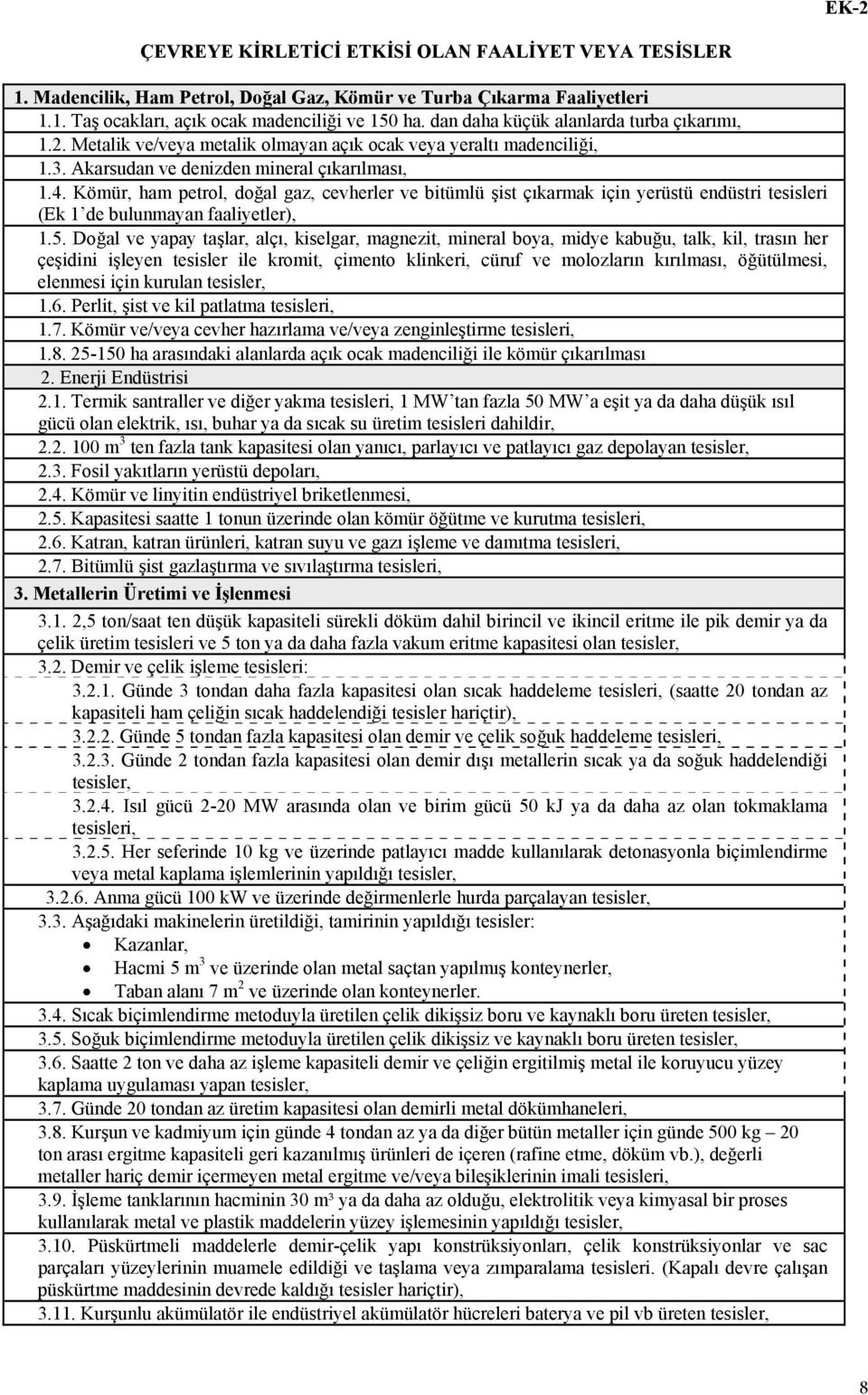 Kömür, ham petrol, doğal gaz, cevherler ve bitümlü şist çıkarmak için yerüstü endüstri tesisleri (Ek 1 de bulunmayan faaliyetler), 1.5.