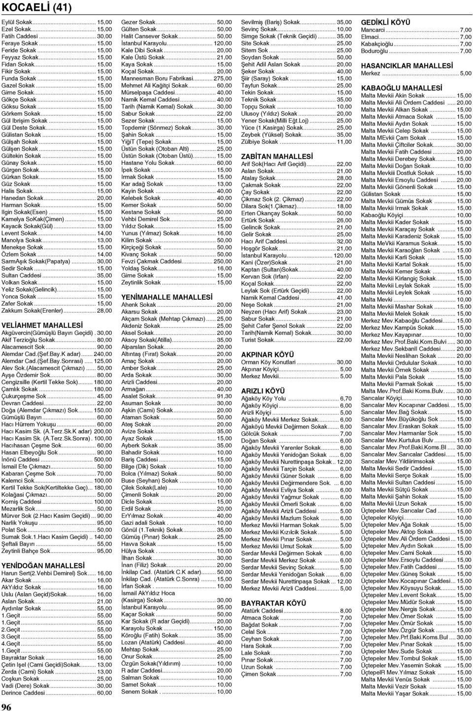 .. 15,00 Gülşah Sokak... 15,00 Gülşen Sokak... 15,00 Gültekin Sokak... 15,00 Günay Sokak... 15,00 Gürgen Sokak... 15,00 Gürkan Sokak... 15,00 Güz Sokak... 15,00 Halis Sokak... 15,00 Hanedan Sokak.