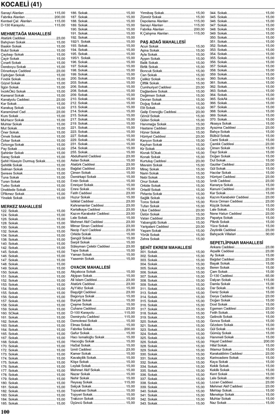 .. 15,00 Güzel Sokak... 15,00 İlgün Sokak... 15,00 İncirkÖkü Sokak... 15,00 Kamarat Sokak... 15,00 Kanalyolu Caddesi... 23,00 Kar Sokak... 15,00 Karakuş Sokak... 15,00 Karamürsel Cad.