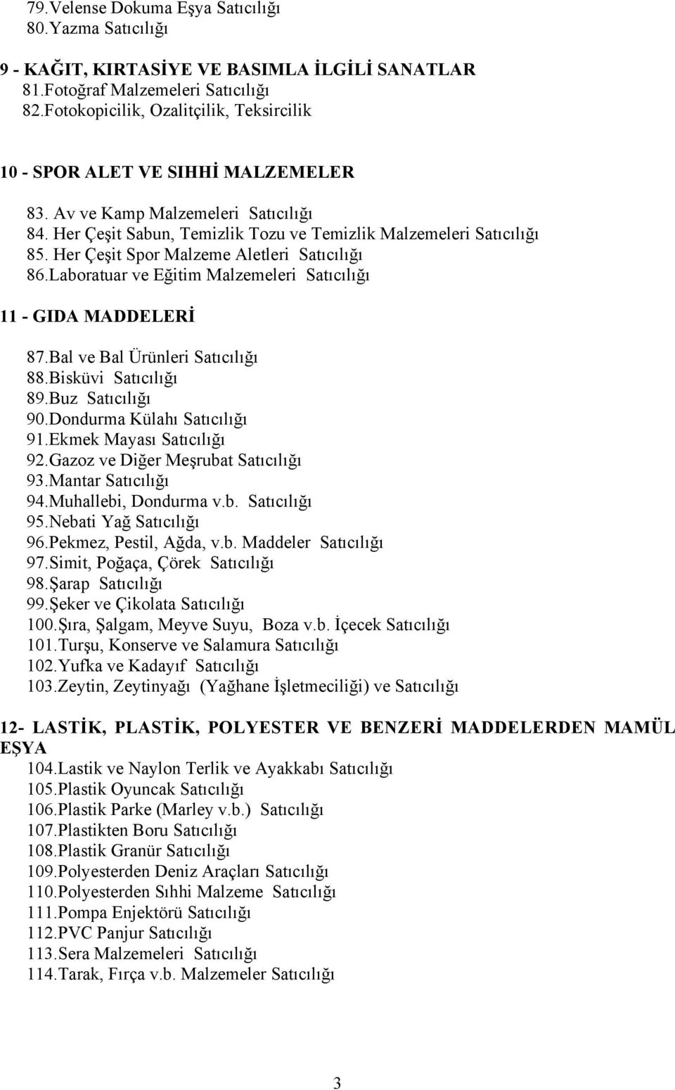 Her Çeşit Spor Malzeme Aletleri Satıcılığı 86.Laboratuar ve Eğitim Malzemeleri Satıcılığı 11 - GIDA MADDELERİ 87.Bal ve Bal Ürünleri Satıcılığı 88.Bisküvi Satıcılığı 89.Buz Satıcılığı 90.