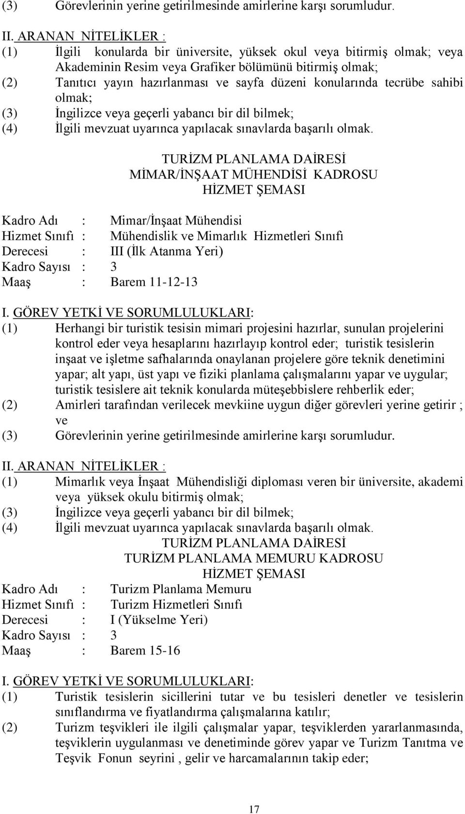 TURİZM PLANLAMA DAİRESİ MİMAR/İNŞAAT MÜHENDİSİ KADROSU Kadro Adı : Mimar/İnşaat Mühendisi Hizmet Sınıfı : Mühendislik Mimarlık Hizmetleri Sınıfı Derecesi : III (İlk Atanma Yeri) Kadro Sayısı : 3 Maaş