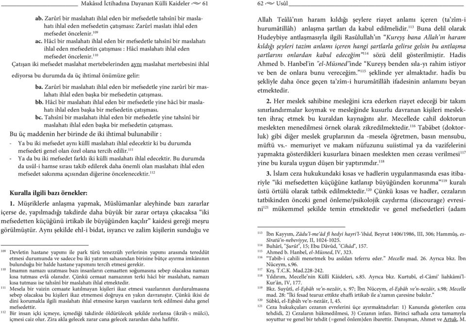 110 Çatışan iki mefsedet maslahat mertebelerinden aynı maslahat mertebesini ihlal ediyorsa bu durumda da üç ihtimal önümüze gelir: ba.