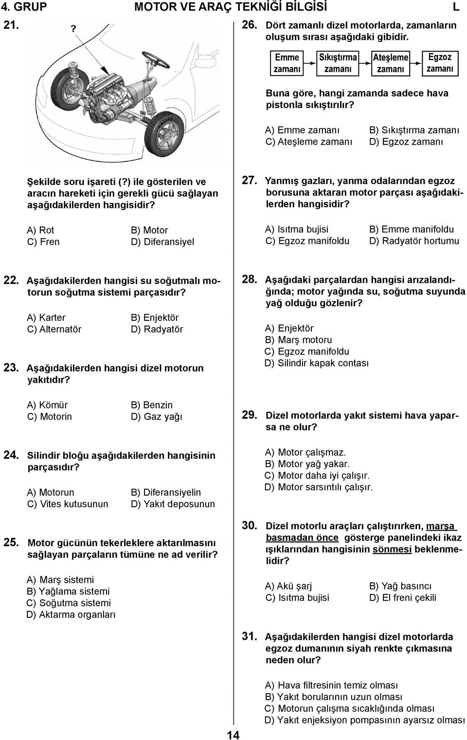 ) ile gösterilen ve aracın hareketi için gerekli gücü sağlayan aşağıdakilerden hangisidir? A) Rot B) Motor C) Fren D) Diferansiyel 27.