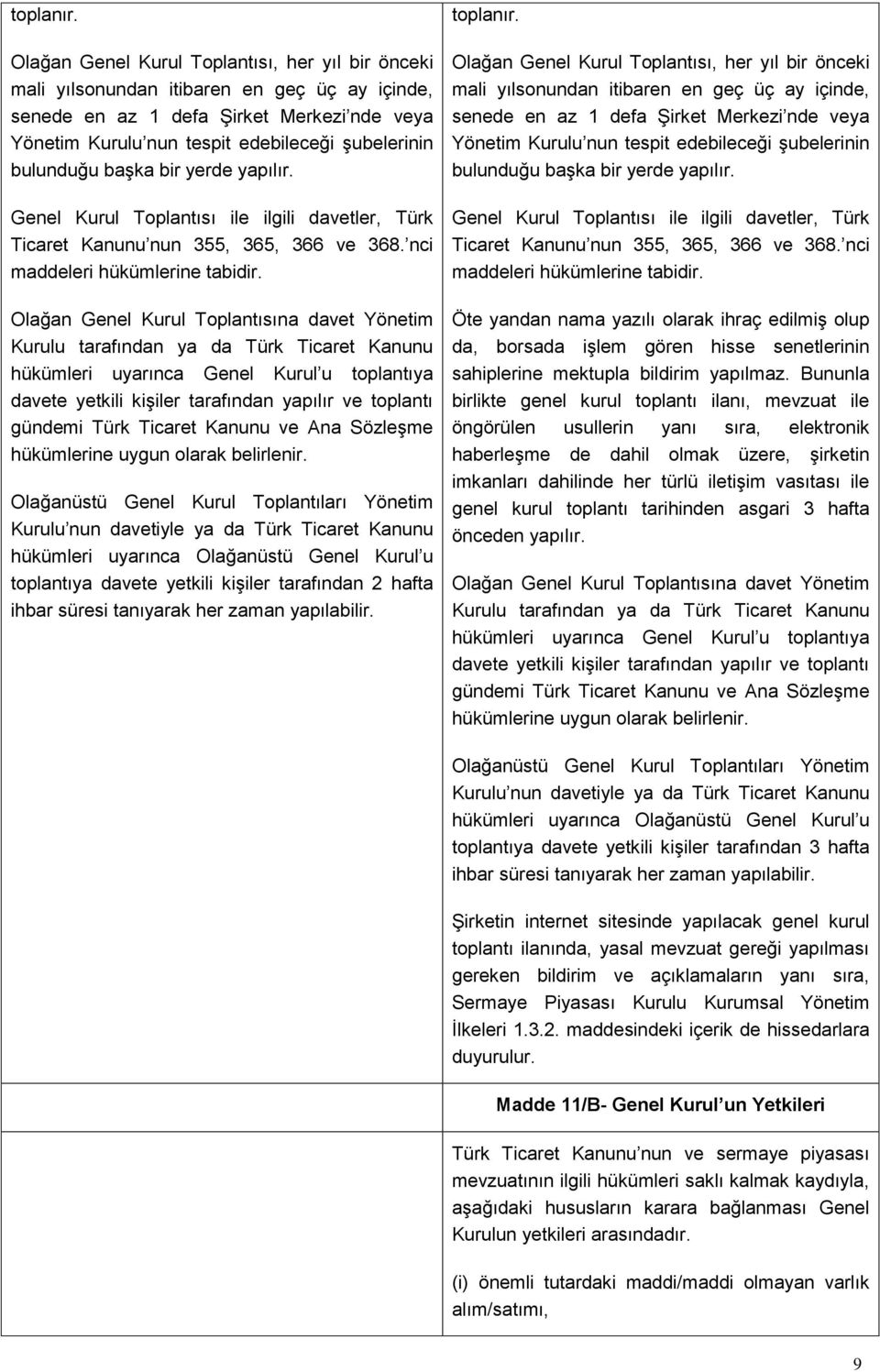 bulunduğu başka bir yerde yapılır. Genel Kurul Toplantısı ile ilgili davetler, Türk Ticaret Kanunu nun 355, 365, 366 ve 368. nci maddeleri hükümlerine tabidir.