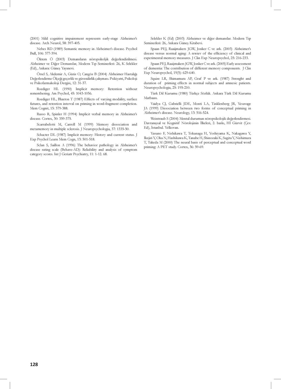 Örsel S, Akdemir A, Güriz O, Cangöz B (2004) Alzheimer Hastalığı Değerlendirme Ölçeği geçerlik ve güvenilirlik çalışması. Psikiyatri, Psikoloji ve Psikofarmakoloji Dergisi, 12: 31-37.