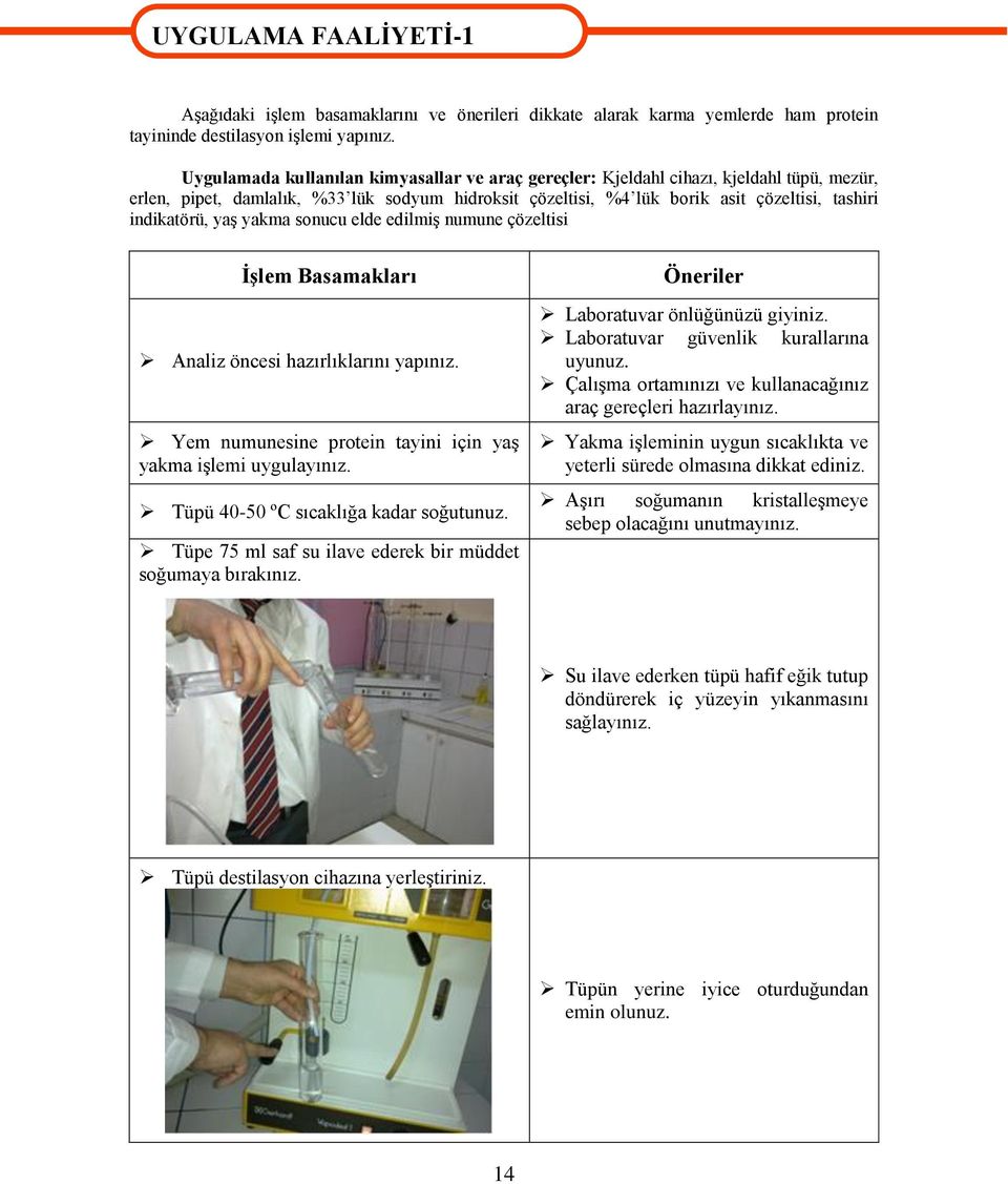 yaş yakma sonucu elde edilmiş numune çözeltisi İşlem Basamakları Analiz öncesi hazırlıklarını yapınız. Yem numunesine protein tayini için yaş yakma işlemi uygulayınız.