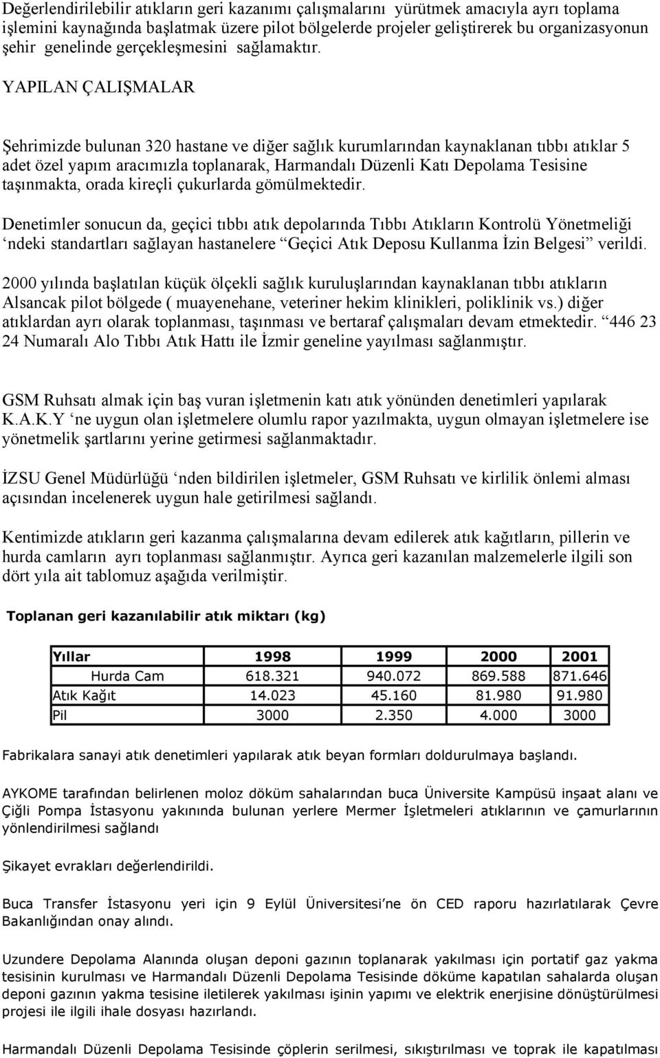 YAPILAN ÇALIŞMALAR Şehrimizde bulunan 320 hastane ve diğer sağlık kurumlarından kaynaklanan tıbbı atıklar 5 adet özel yapım aracımızla toplanarak, Harmandalı Düzenli Katı Depolama Tesisine