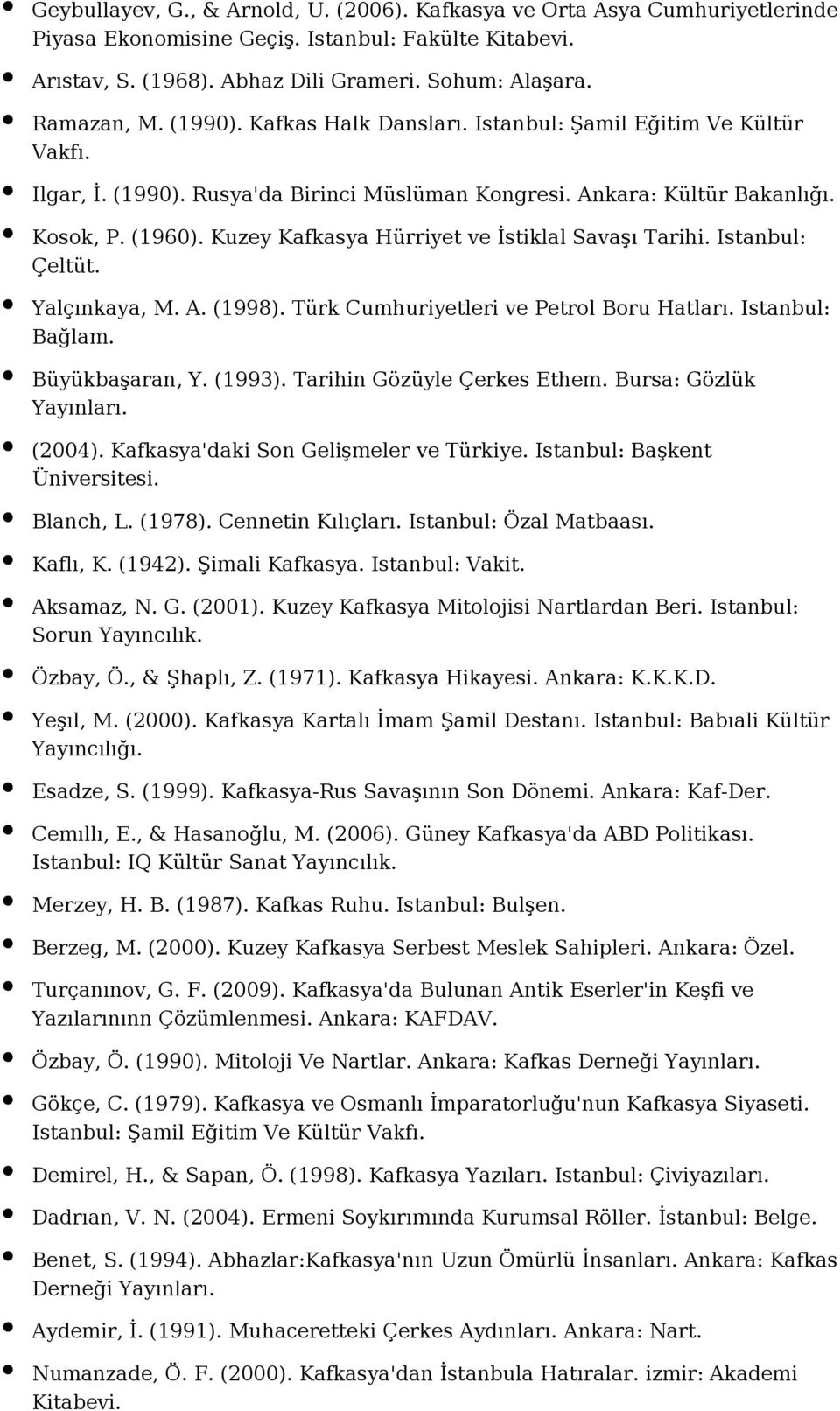 Kuzey Kafkasya Hürriyet ve İstiklal Savaşı Tarihi. Istanbul: Çeltüt. Yalçınkaya, M. A. (1998). Türk Cumhuriyetleri ve Petrol Boru Hatları. Istanbul: Bağlam. Büyükbaşaran, Y. (1993).