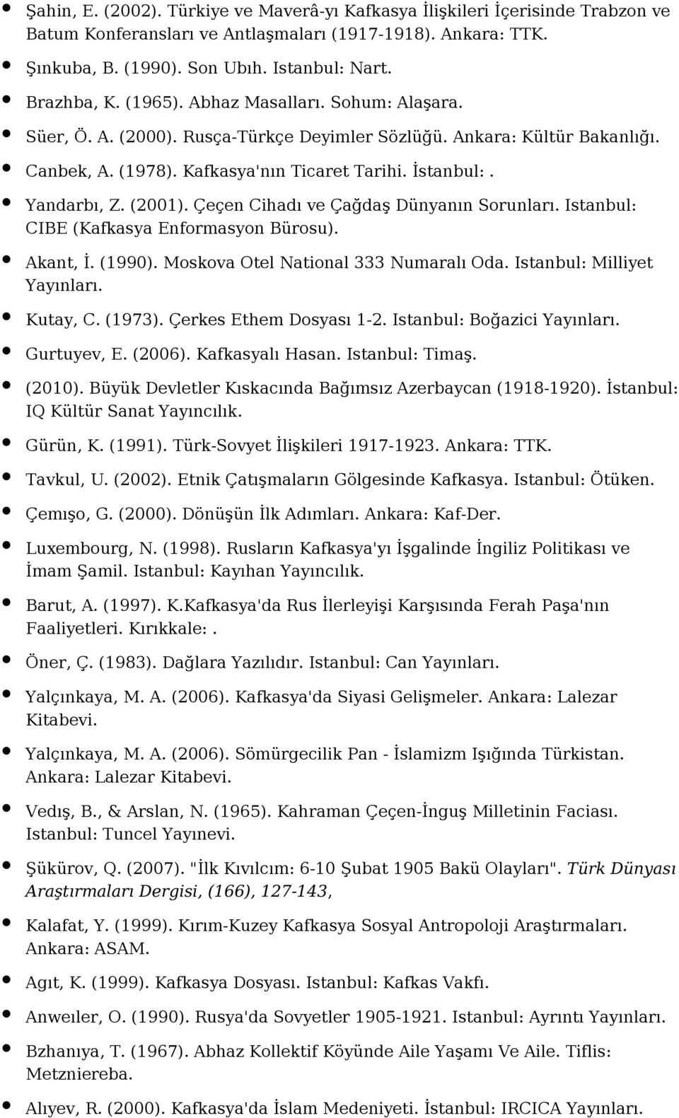 Çeçen Cihadı ve Çağdaş Dünyanın Sorunları. Istanbul: CIBE (Kafkasya Enformasyon Bürosu). Akant, İ. (1990). Moskova Otel National 333 Numaralı Oda. Istanbul: Milliyet Kutay, C. (1973).