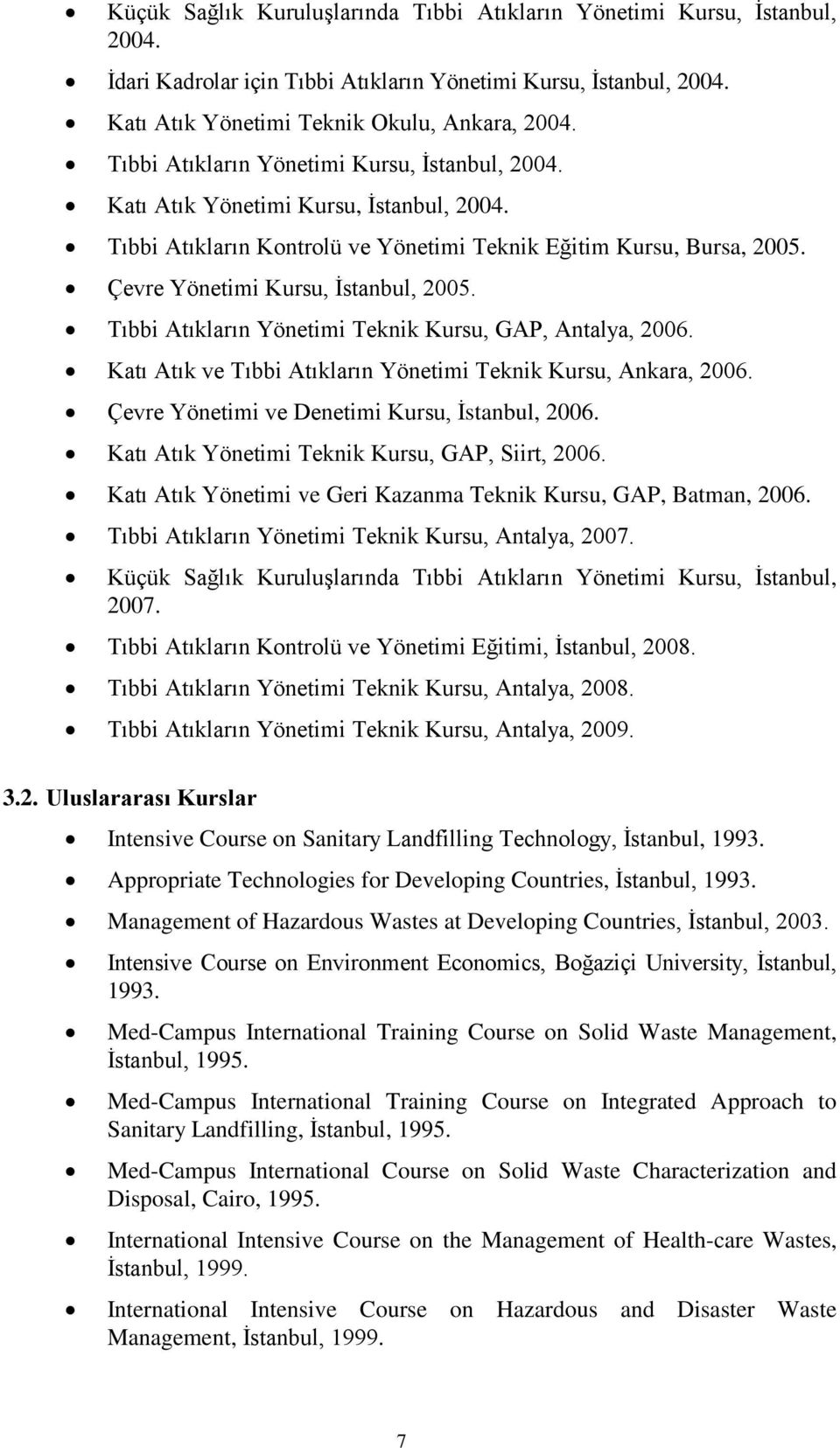 Tıbbi Atıkların Yönetimi Teknik Kursu, GAP, Antalya, 2006. Katı Atık ve Tıbbi Atıkların Yönetimi Teknik Kursu, Ankara, 2006. Çevre Yönetimi ve Denetimi Kursu, İstanbul, 2006.