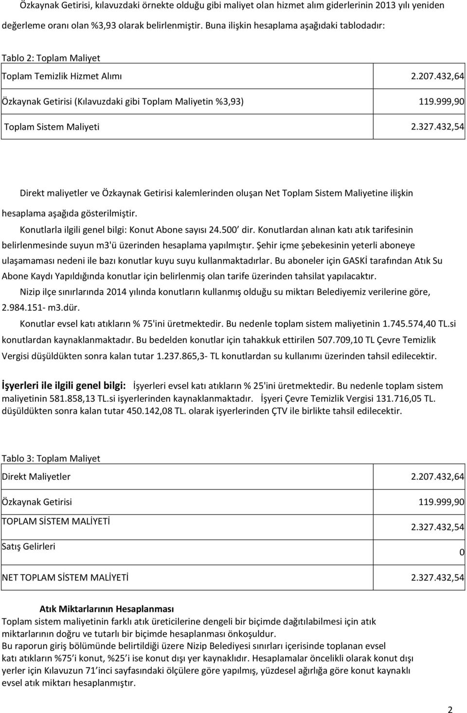 999,90 Toplam Sistem Maliyeti 2.327.432,54 Direkt maliyetler ve Özkaynak Getirisi kalemlerinden oluşan Net Toplam Sistem Maliyetine ilişkin hesaplama aşağıda gösterilmiştir.