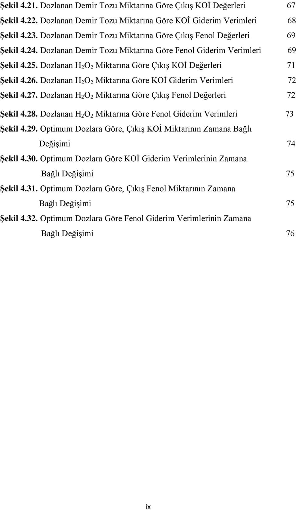 Dozlanan H 2 O 2 Miktarına Göre Çıkış KOİ Değerleri 71 Şekil 4.26. Dozlanan H 2 O 2 Miktarına Göre KOİ Giderim Verimleri 72 Şekil 4.27.