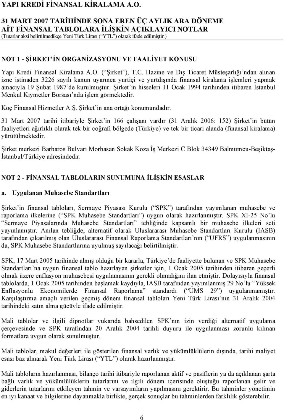 Şirket in hisseleri 11 Ocak 1994 tarihinden itibaren İstanbul Menkul Kıymetler Borsası nda işlem görmektedir. Koç Finansal Hizmetler A.Ş. Şirket in ana ortağı konumundadır.