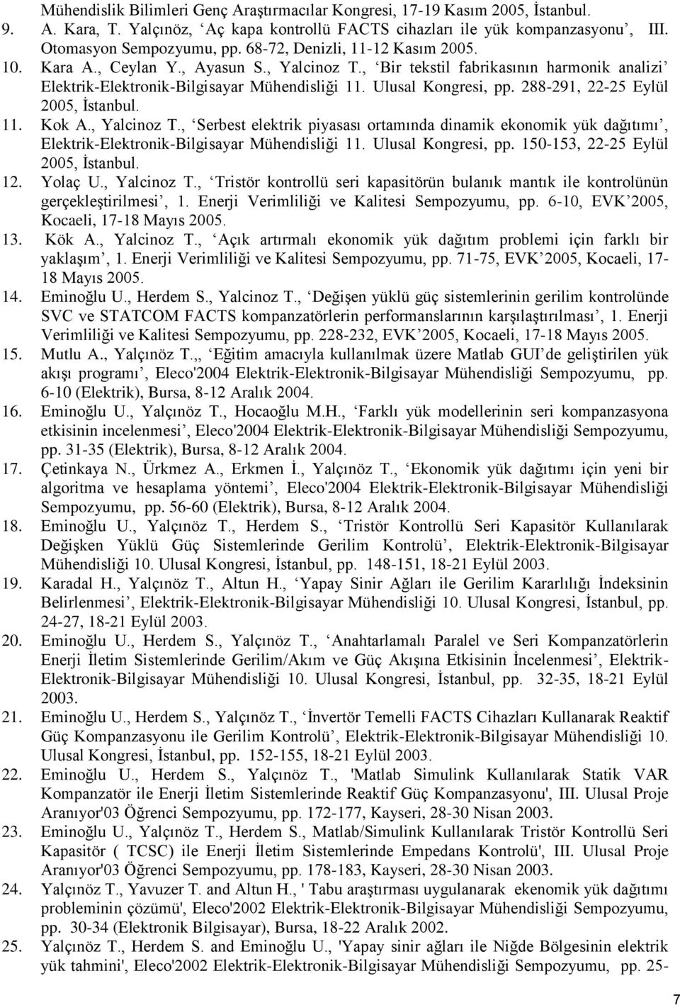 288-291, 22-25 Eylül 2005, İstanbul. 11. Kok A., Yalcinoz T., Serbest elektrik piyasası ortamında dinamik ekonomik yük dağıtımı, Elektrik-Elektronik-Bilgisayar Mühendisliği 11. Ulusal Kongresi, pp.