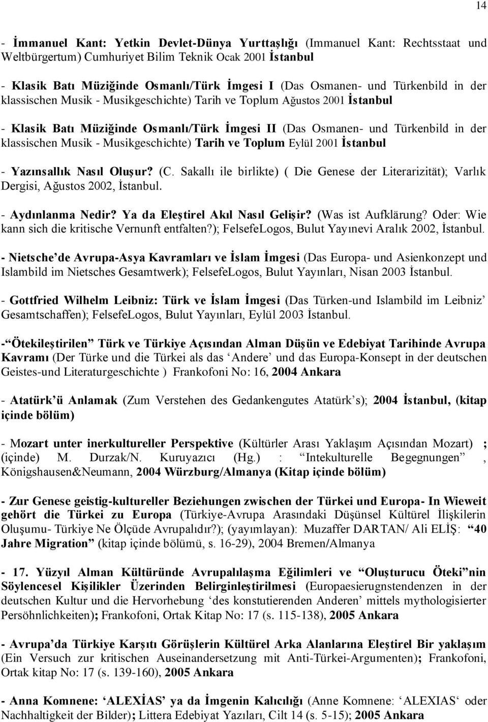 klassischen Musik - Musikgeschichte) Tarih ve Toplum Eylül 2001 İstanbul - Yazınsallık Nasıl Oluşur? (C. Sakallı ile birlikte) ( Die Genese der Literarizität); Varlık Dergisi, Ağustos 2002, İstanbul.