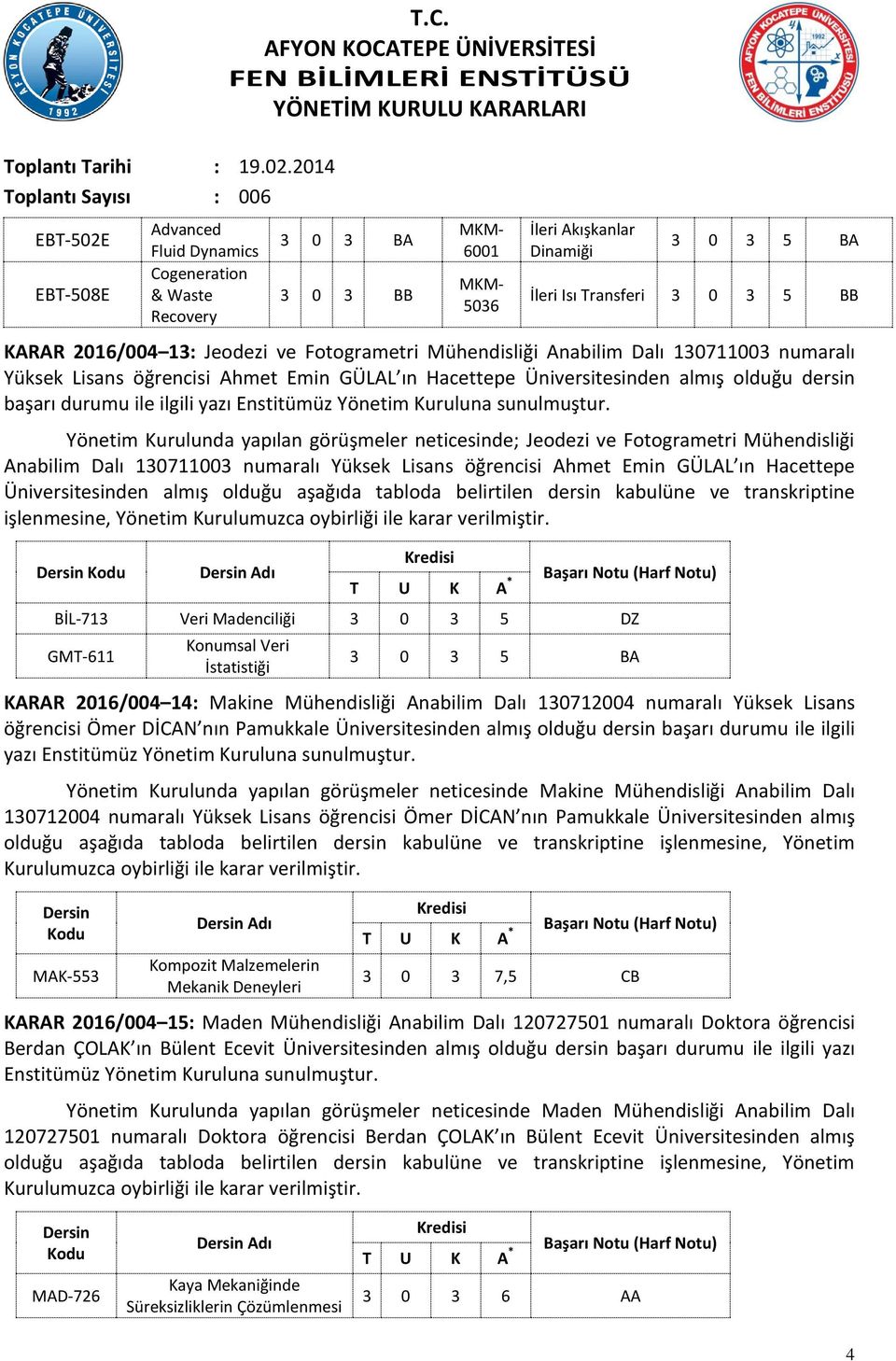 3 0 3 BA 3 0 3 BB MKM- 6001 MKM- 5036 İleri Akışkanlar Dinamiği 3 0 3 5 BA İleri Isı Transferi 3 0 3 5 BB KARAR 2016/004 13: Jeodezi ve Fotogrametri Mühendisliği Anabilim Dalı 130711003 numaralı