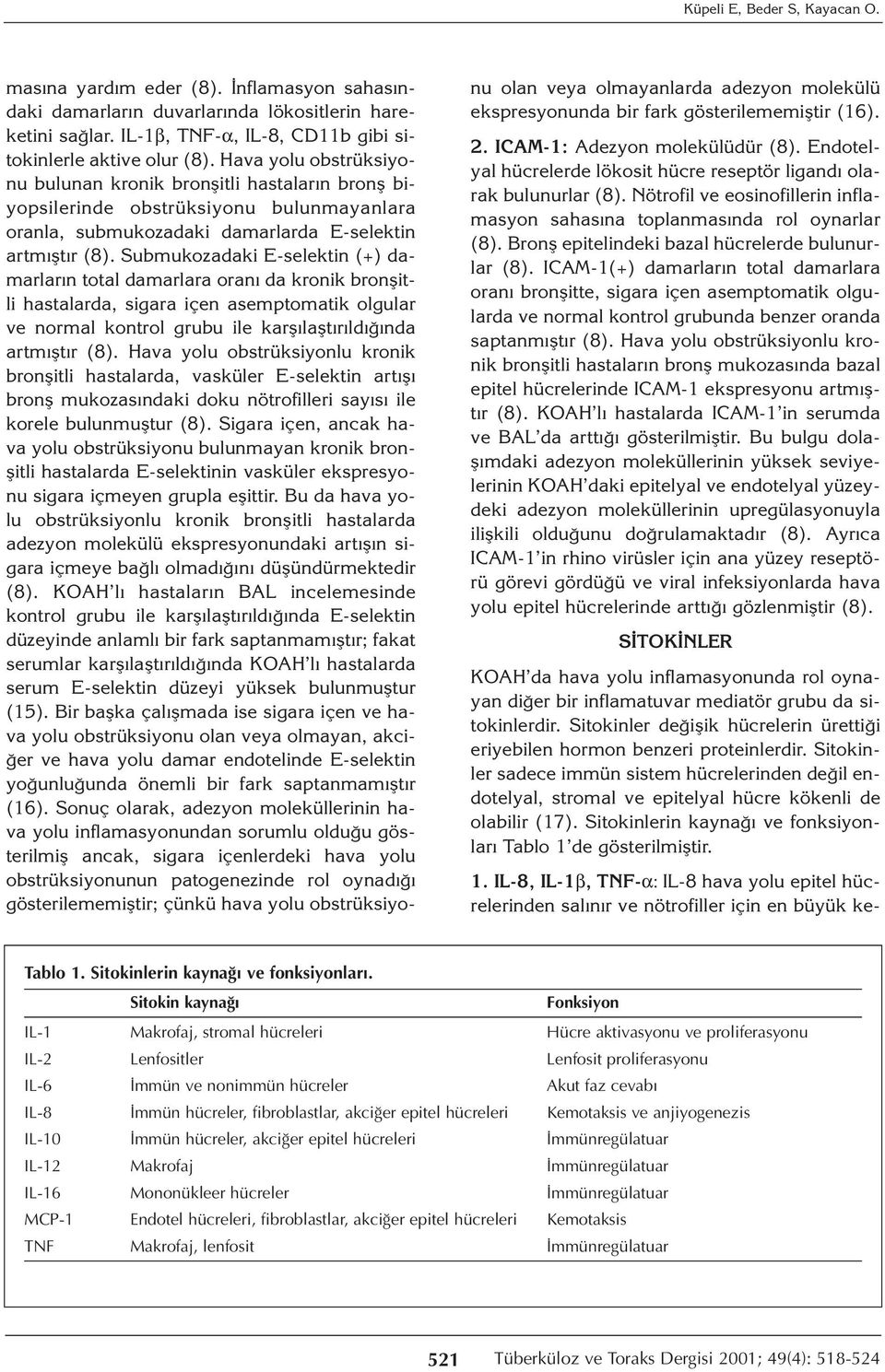 Submukozadaki E-selektin (+) damarların total damarlara oranı da kronik bronşitli hastalarda, sigara içen asemptomatik olgular ve normal kontrol grubu ile karşılaştırıldığında artmıştır (8).