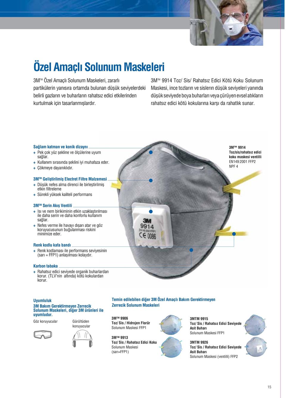 3M TM 9914 Toz/ Sis/ Rahatsız Edici Kötü Koku Solunum Maskesi, ince tozların ve sislerın düşük seviyeleri yanında düşük seviyede boya buharları veya çürüyen evsel atıkların rahatsız edici kötü