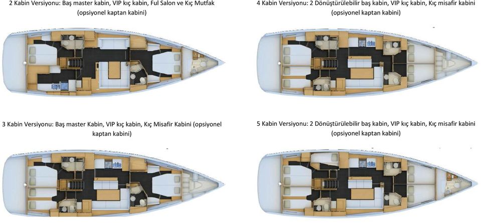 kabini) 3 Kabin Versiyonu: Baş master Kabin, VIP kıç kabin, Kıç Misafir Kabini (opsiyonel kaptan
