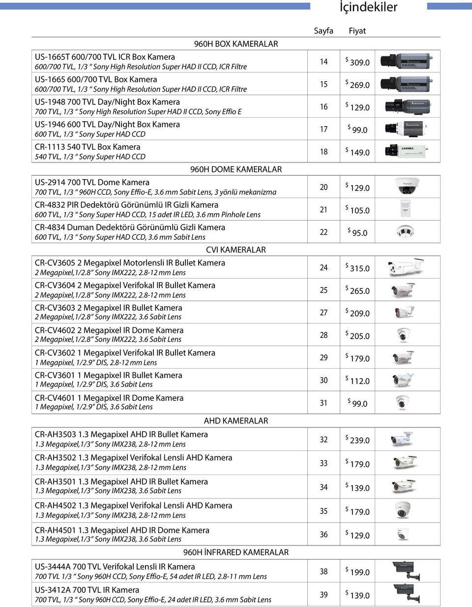 CR-1113 540 TVL Box Kamera 540 TVL, 1/3 Sony Super HAD CCD 960H DOME KAMERALAR US-2914 700 TVL Dome Kamera 700 TVL, 1/3 960H CCD, Sony Effio-E, 3.