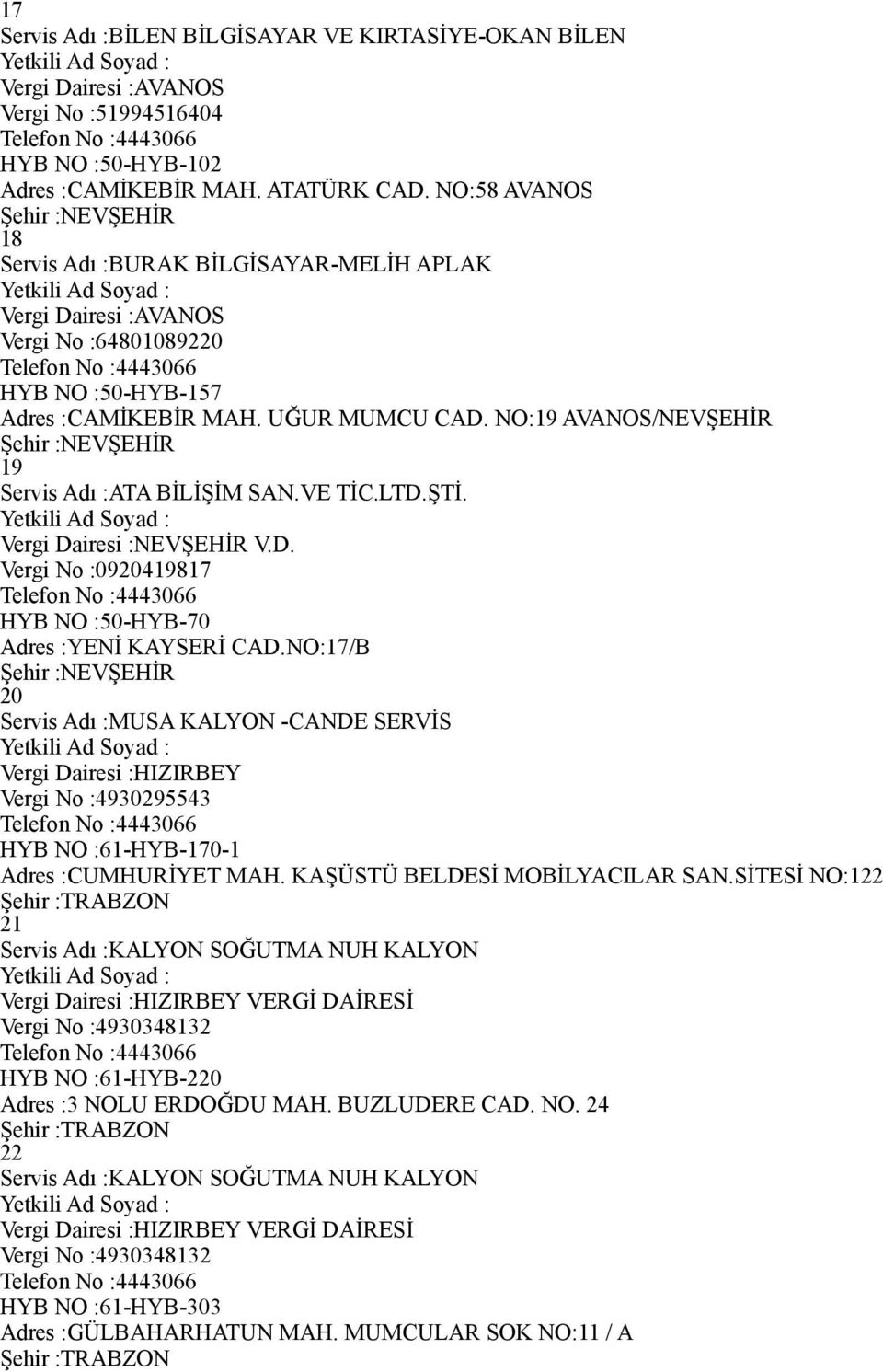 NO:19 AVANOS/NEVŞEHİR Şehir :NEVŞEHİR 19 Servis Adı :ATA BİLİŞİM SAN.VE TİC.LTD.ŞTİ. Vergi Dairesi :NEVŞEHİR V.D. Vergi No :0920419817 HYB NO :50-HYB-70 Adres :YENİ KAYSERİ CAD.