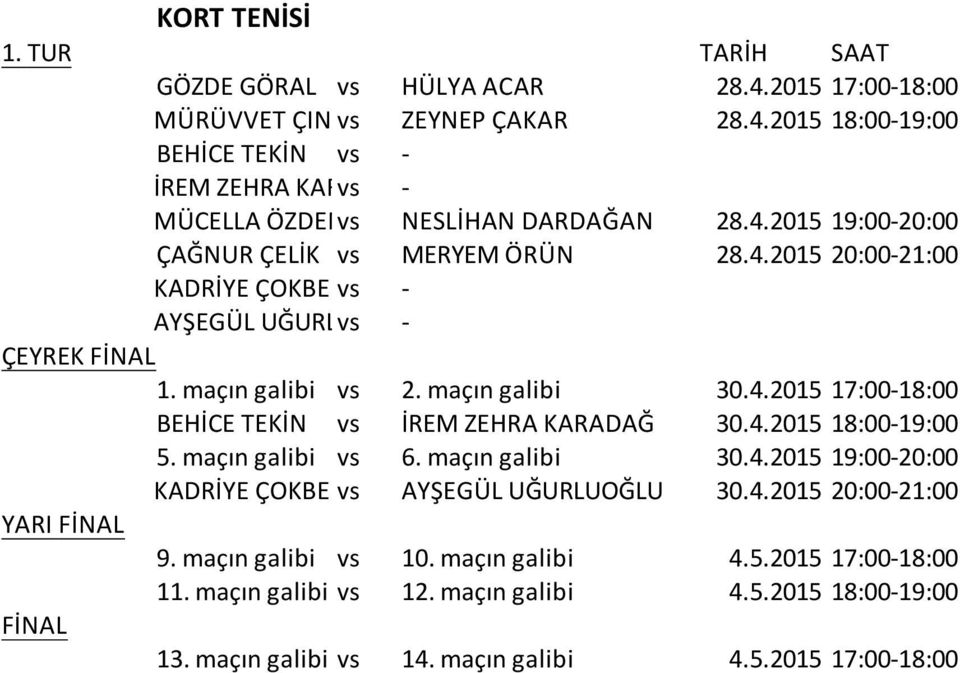 4.2015-19:00 YARI 5. maçın galibi vs 6. maçın galibi 30.4.2015 19:00-20:00 KADRİYE ÇOKBEKLER vs AYŞEGÜL UĞURLUOĞLU 30.4.2015 20:00-21:00 9. maçın galibi vs 10. maçın galibi 4.