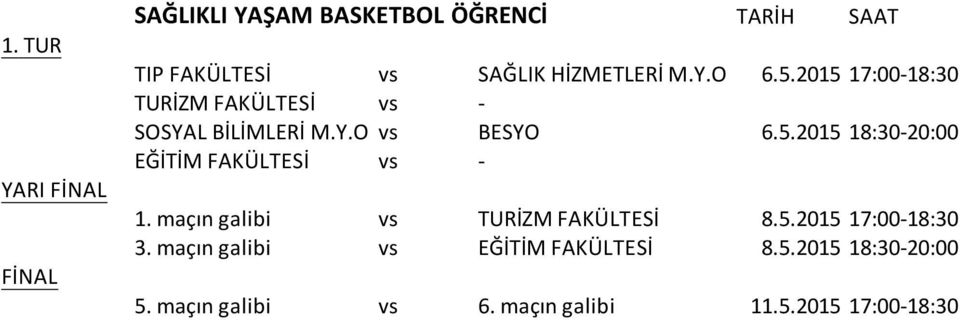 maçın galibi vs TURİZM FAKÜLTESİ 8.5.2015 17:00-18:30 3. maçın galibi vs EĞİTİM FAKÜLTESİ 8.5.2015 18:30-20:00 5.