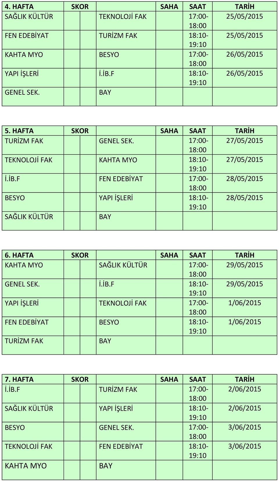 F FEN EDEBİYAT 17:00-28/05/2015 BESYO YAPI İŞLERİ 18:10-28/05/2015 SAĞLIK KÜLTÜR 6. HAFTA SKOR SAHA SAAT TARİH KAHTA MYO SAĞLIK KÜLTÜR 17:00-29/05/2015 GENEL SEK. İ.İB.