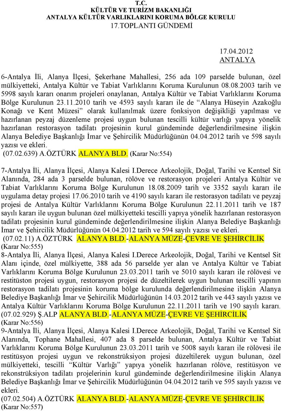 2010 tarih ve 4593 sayılı kararı ile de Alanya Hüseyin Azakoğlu Konağı ve Kent Müzesi olarak kullanılmak üzere fonksiyon değişikliği yapılması ve hazırlanan peyzaj düzenleme projesi uygun bulunan