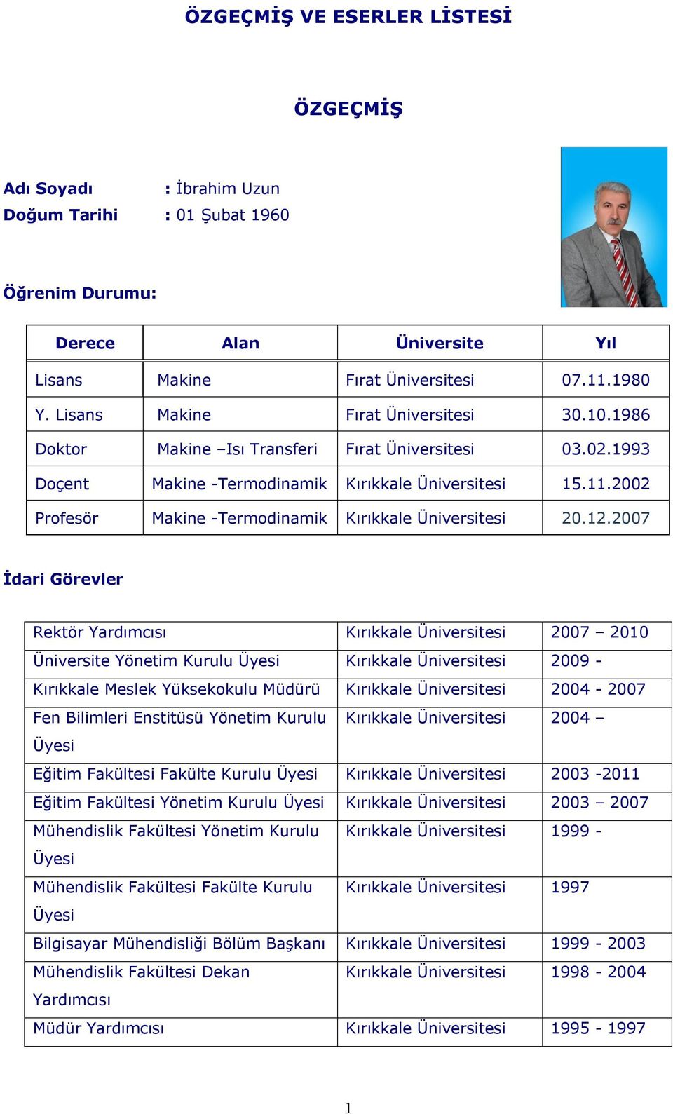 2002 Profesör Makine -Termodinamik Kırıkkale Üniversitesi 20.12.