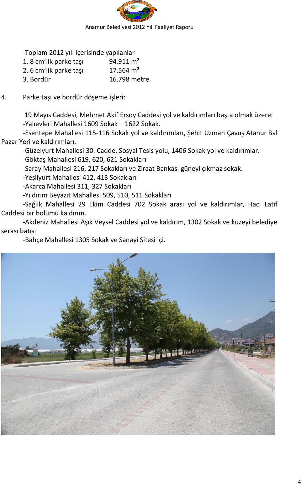 -Esentepe Mahallesi 115-116 Sokak yol ve kaldırımları, Şehit Uzman Çavuş Atanur Bal Pazar Yeri ve kaldırımları. -Güzelyurt Mahallesi 30. Cadde, Sosyal Tesis yolu, 1406 Sokak yol ve kaldırımlar.