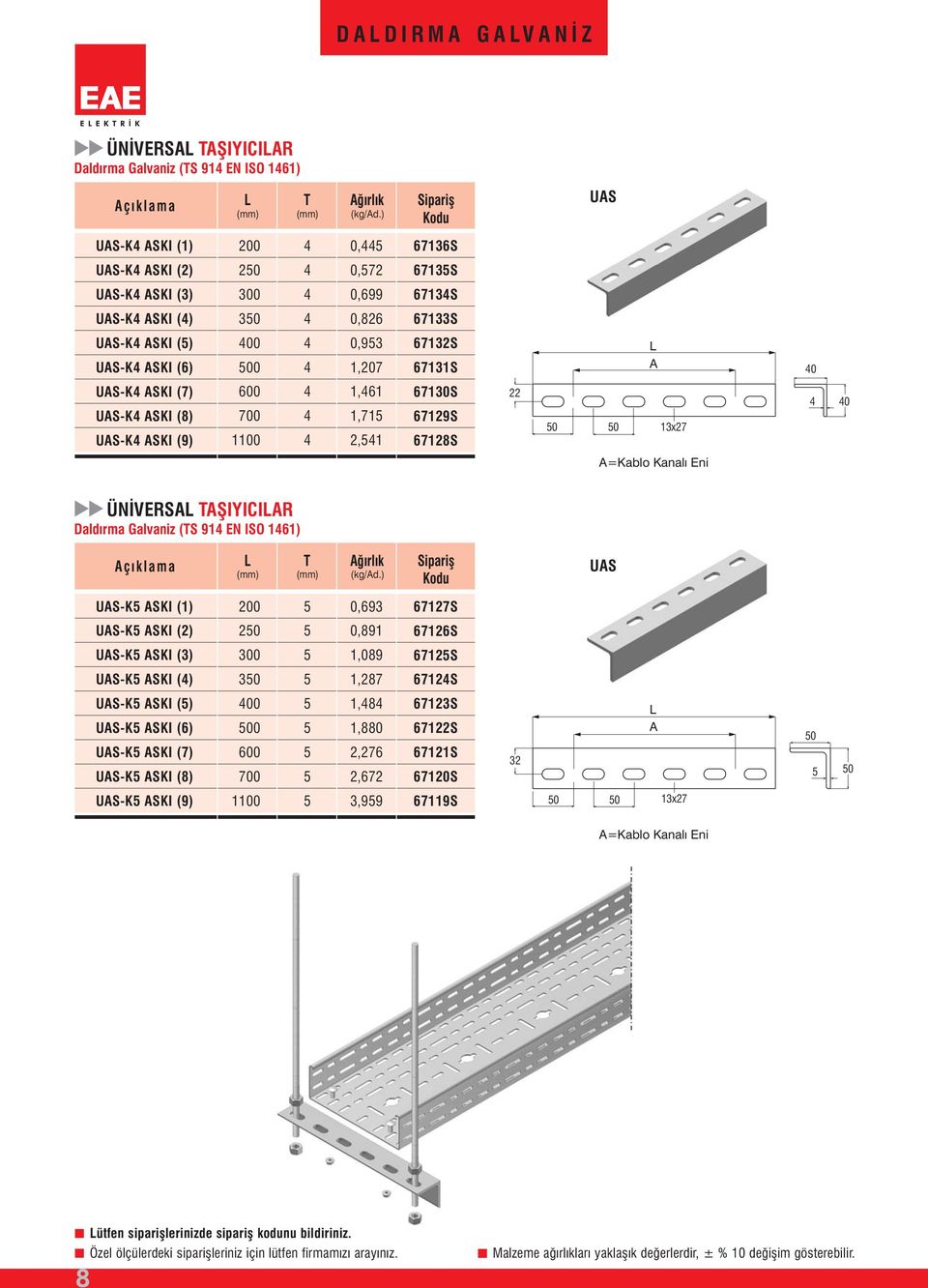 US-K SKI (9) 600 700 1100 1,61 1,715,51 6710S 6719S 6718S 1x7 0 =Kablo Kanalı Eni ÜNİVERS ŞIYICIR Daldýrma Galvaniz (S 91 EN ISO 161) (kg/d.