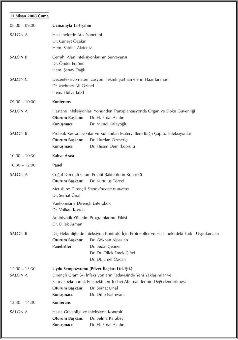 Hülya Erbil 09:00 10:00 Konferans Hastane İnfeksiyonları Yönünden Transplantasyonda Organ ve Doku Güvenliği Oturum Başkanı: Dr. H. Erdal Akalın Konuşmacı: Dr.