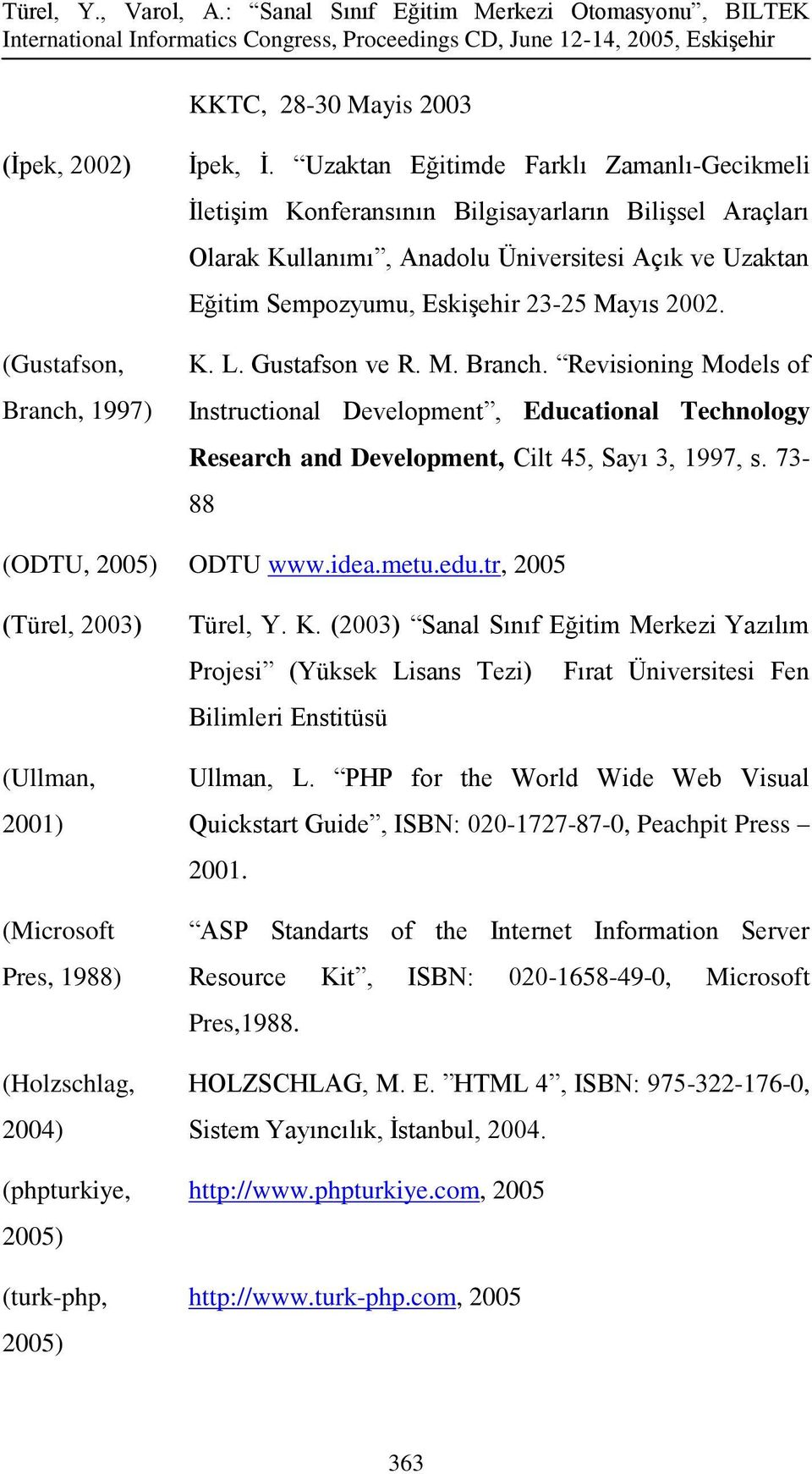 K. L. Gustafson ve R. M. Branch. Revisioning Models of Instructional Development, Educational Technology Research and Development, Cilt 45, Sayı 3, 1997, s. 73-88 (ODTU, 2005) ODTU www.idea.metu.edu.