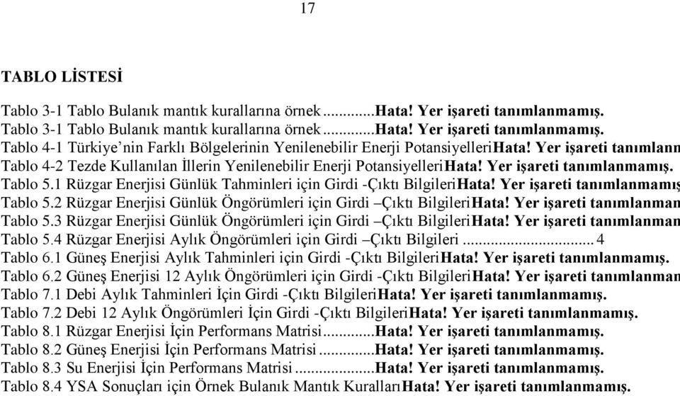 1 Rüzgar Enerjisi Günlük Tahminleri için Girdi -Çıktı BilgileriHata! Yer işareti tanımlanmamış Tablo 5.2 Rüzgar Enerjisi Günlük Öngörümleri için Girdi Çıktı BilgileriHata!