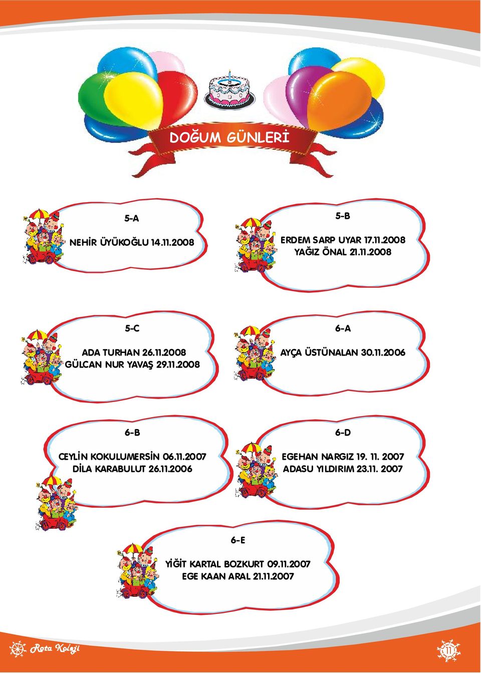 11.2007 DİLA KARABULUT 26.11.2006 6-D EGEHAN NARGIZ 19. 11. 2007 ADASU YILDIRIM 23.11. 2007 6-E YİĞİT KARTAL BOZKURT 09.