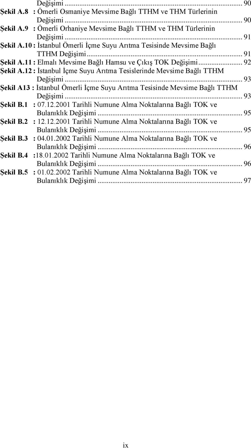 12 : İstanbul İçme Suyu Arıtma Tesislerinde Mevsime Bağlı TTHM Değişimi... 93 Şekil A13 : İstanbul Ömerli İçme Suyu Arıtma Tesisinde Mevsime Bağlı TTHM Değişimi... 93 Şekil B.1 : 07.12.2001 Tarihli Numune Alma Noktalarına Bağlı TOK ve Bulanıklık Değişimi.