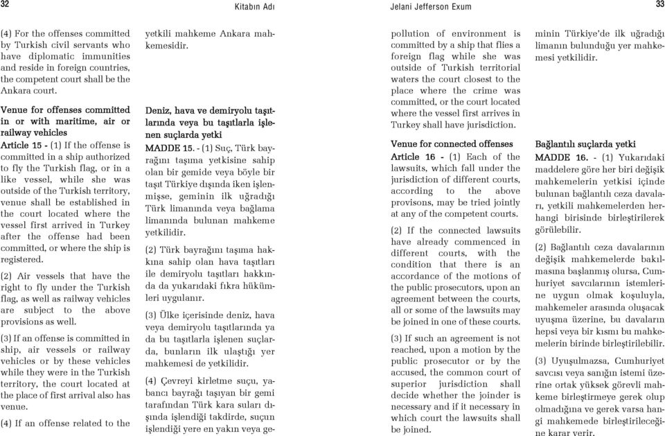 Venue for offenses committed in or with maritime, air or railway vehicles Article 15 - (1) If the offense is committed in a ship authorized to fly the Turkish flag, or in a like vessel, while she was