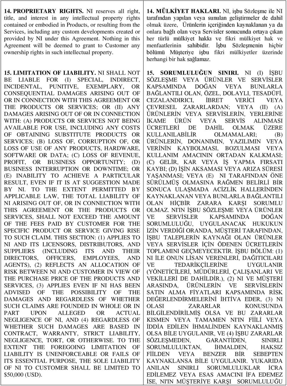 by NI under this Agreement. Nothing in this Agreement will be deemed to grant to Customer any ownership rights in such intellectual property. 15. LIMITATION OF LIABILITY.