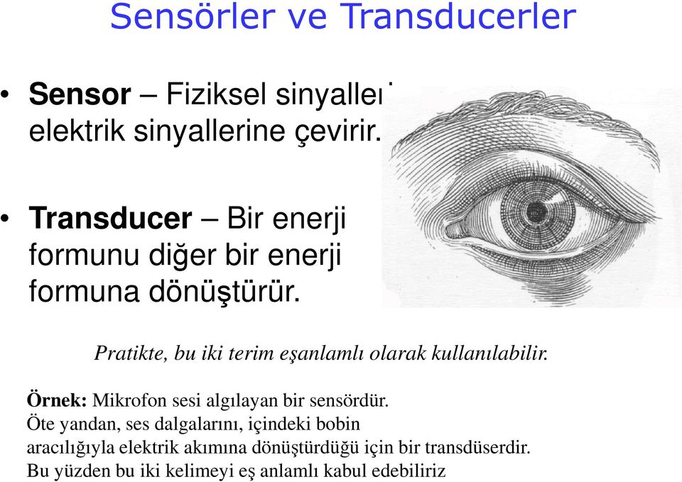 Pratikte, bu iki terim eşanlamlı olarak kullanılabilir. Örnek: Mikrofon sesi algılayan bir sensördür.