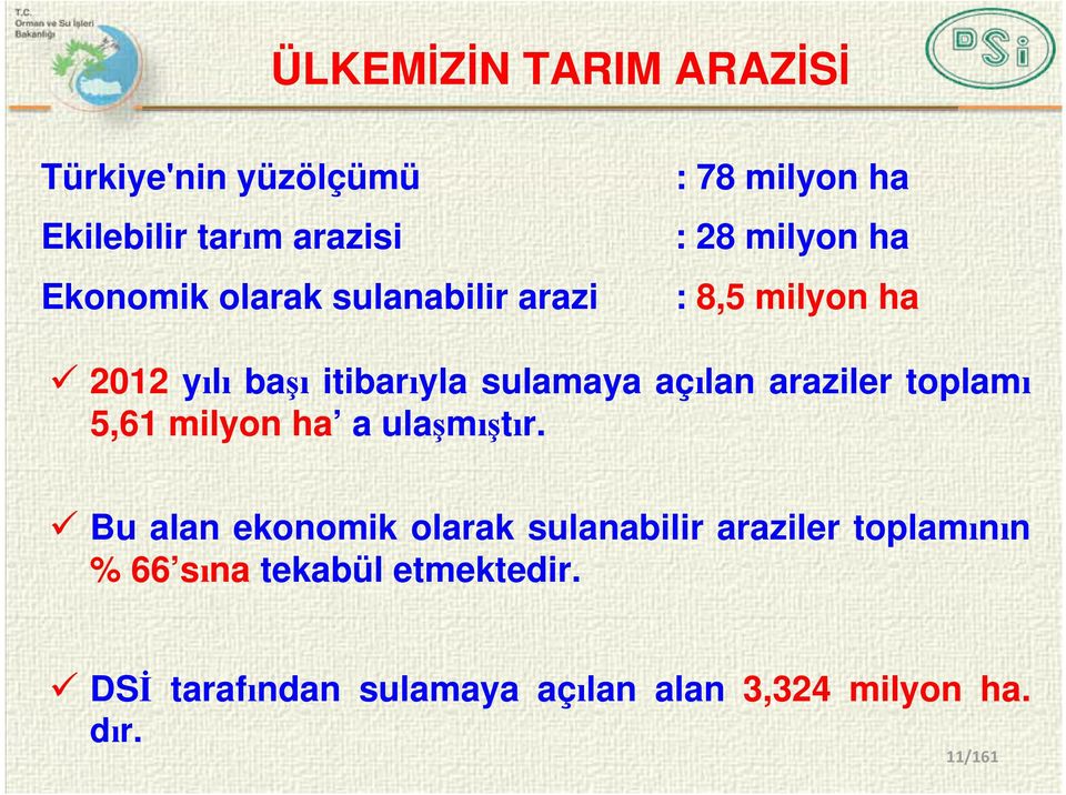 sulamaya açılan araziler toplamı 5,61 milyon ha a ulaşmıştır.