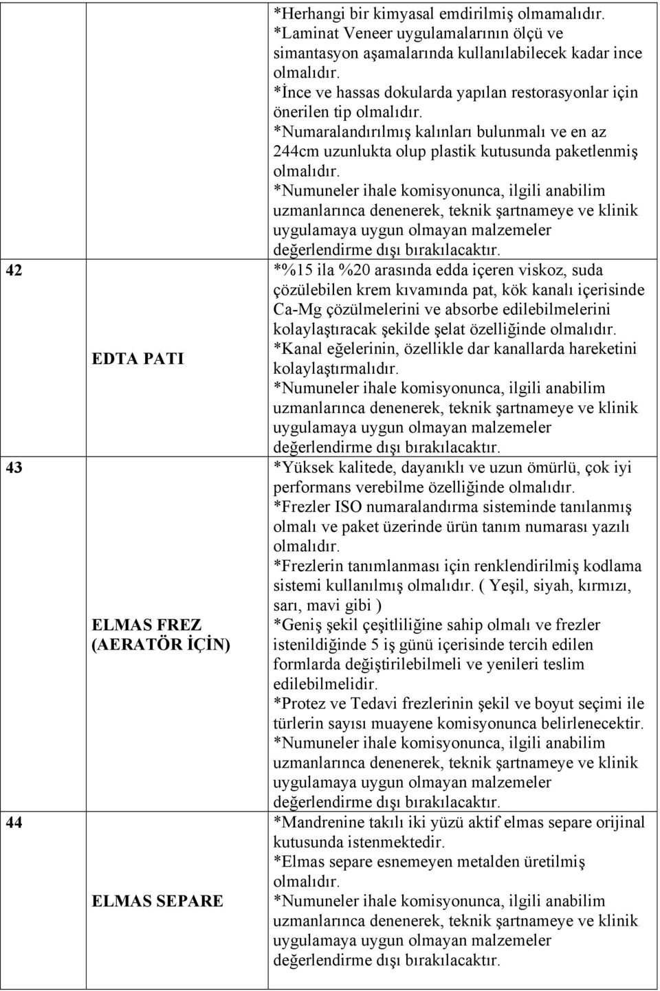 ve en az 244cm uzunlukta olup plastik kutusunda paketlenmiş *%15 ila %20 arasında edda içeren viskoz, suda çözülebilen krem kıvamında pat, kök kanalı içerisinde Ca-Mg çözülmelerini ve absorbe