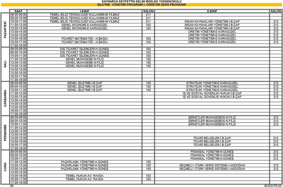 KARAGÜZEL 103 İNSAN KAYNAKLARI YÖNETİMİ-İ.B.ÇAP 212 ÜRETİM YÖNETİMİ-E.KARAGÜZEL 212 ÜRETİM YÖNETİMİ-E.KARAGÜZEL 212 TİCARET MATEMATİĞİ - H.BAĞCI 103 ÜRETİM YÖNETİMİ-E.
