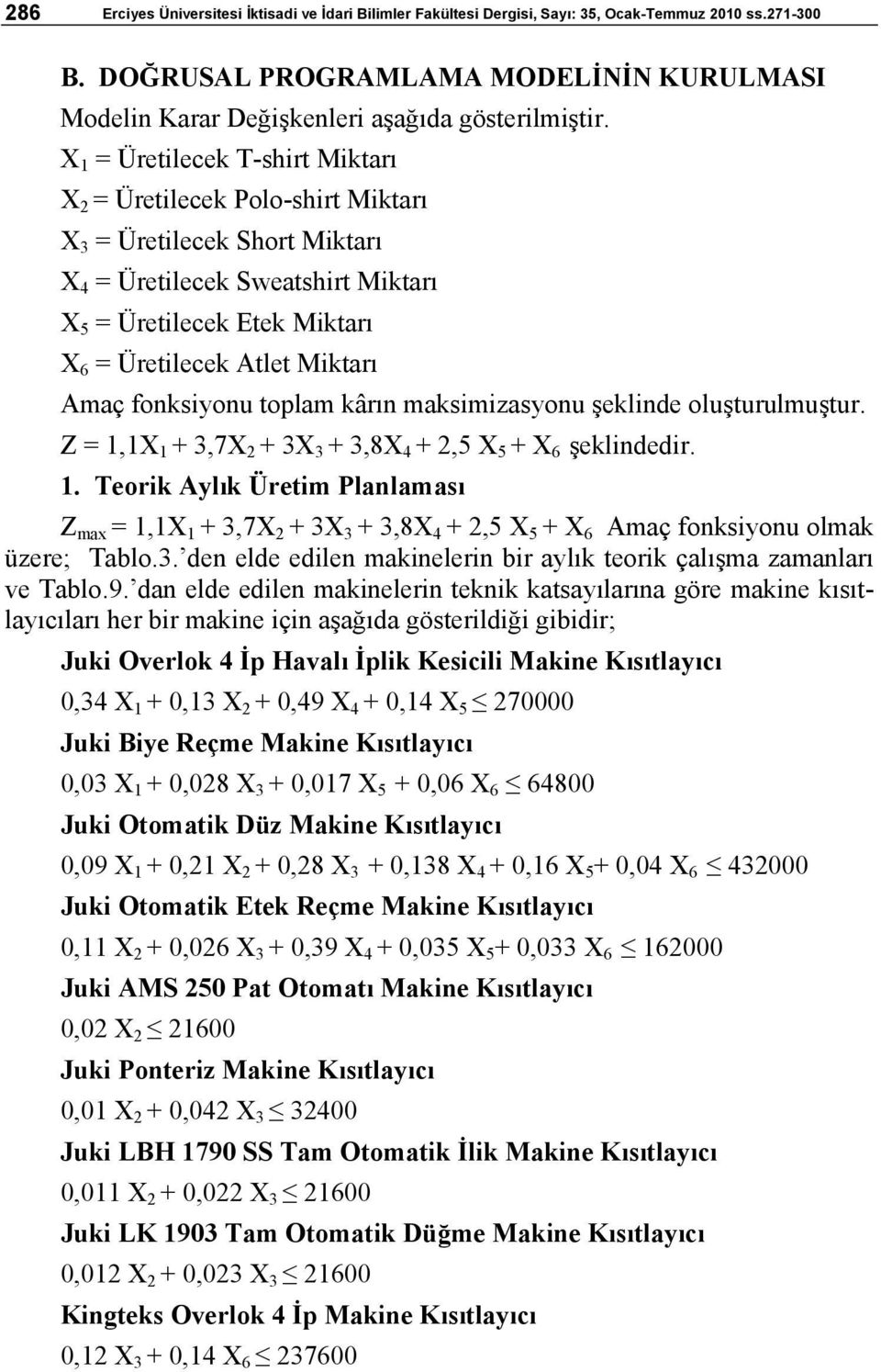 X 1 = Üretilecek T-shirt Miktarı X 2 = Üretilecek Polo-shirt Miktarı X 3 = Üretilecek Short Miktarı X 4 = Üretilecek Sweatshirt Miktarı X 5 = Üretilecek Etek Miktarı X 6 = Üretilecek Atlet Miktarı