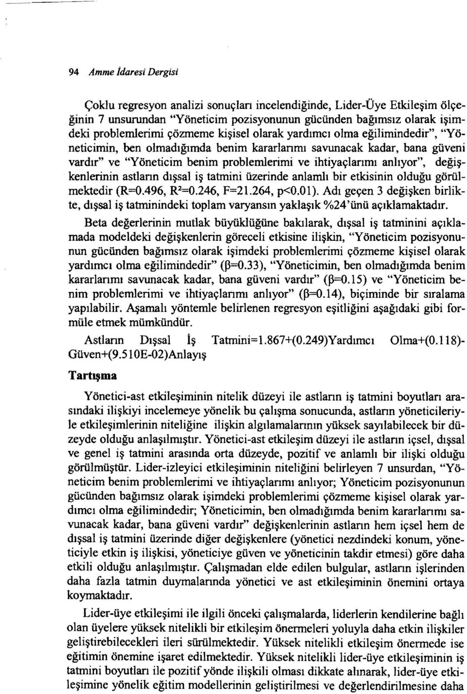 değişkenlerinin astlann dışsal iş tatmini üzerinde anlamlı bir etkisinin olduğu görülmektedir (R=O.496, R2=O.246, F=21.264, p<o.oi).