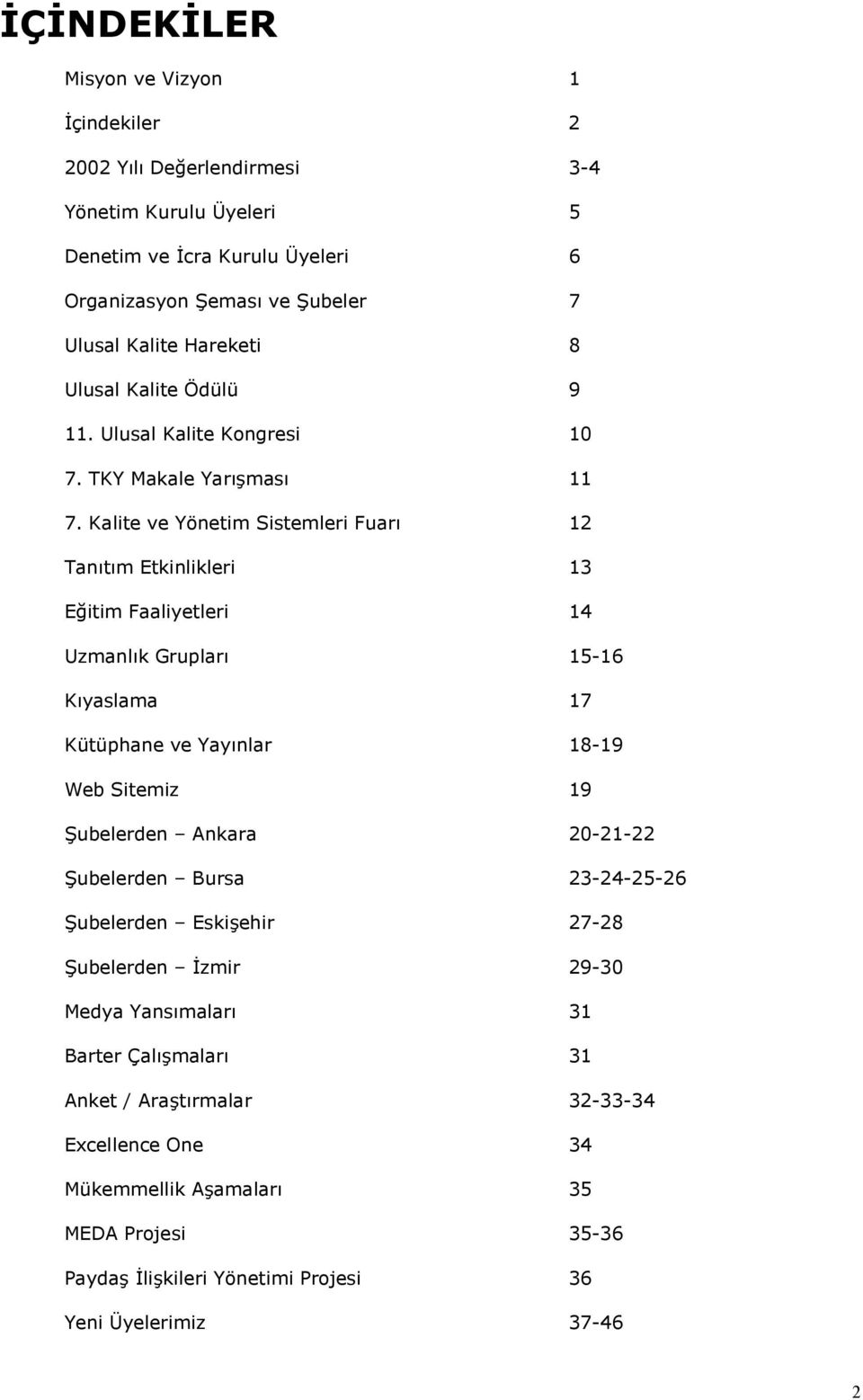 Kalite ve Yönetim Sistemleri Fuar 12 Tantm Etkinlikleri 13 Eitim Faaliyetleri 14 Uzmanlk Gruplar 15-16 Kyaslama 17 Kütüphane ve Yaynlar 18-19 Web Sitemiz 19 /ubelerden Ankara