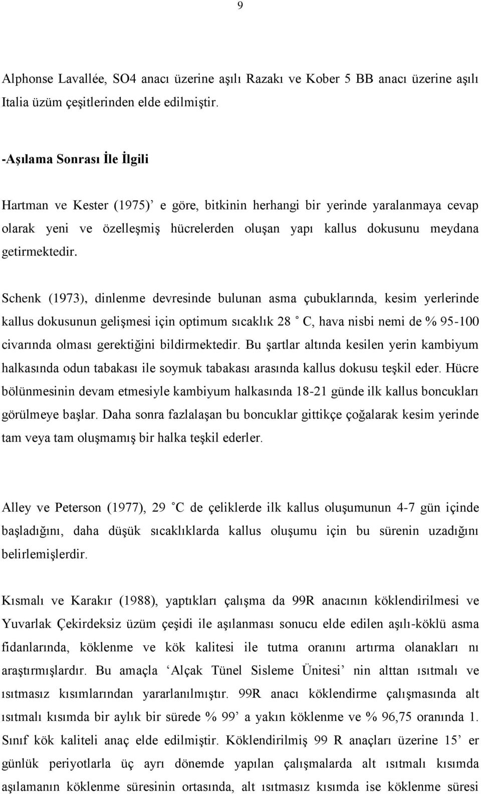 Schenk (1973), dinlenme devresinde bulunan asma çubuklarında, kesim yerlerinde kallus dokusunun gelişmesi için optimum sıcaklık 28 C, hava nisbi nemi de % 95-1 civarında olması gerektiğini