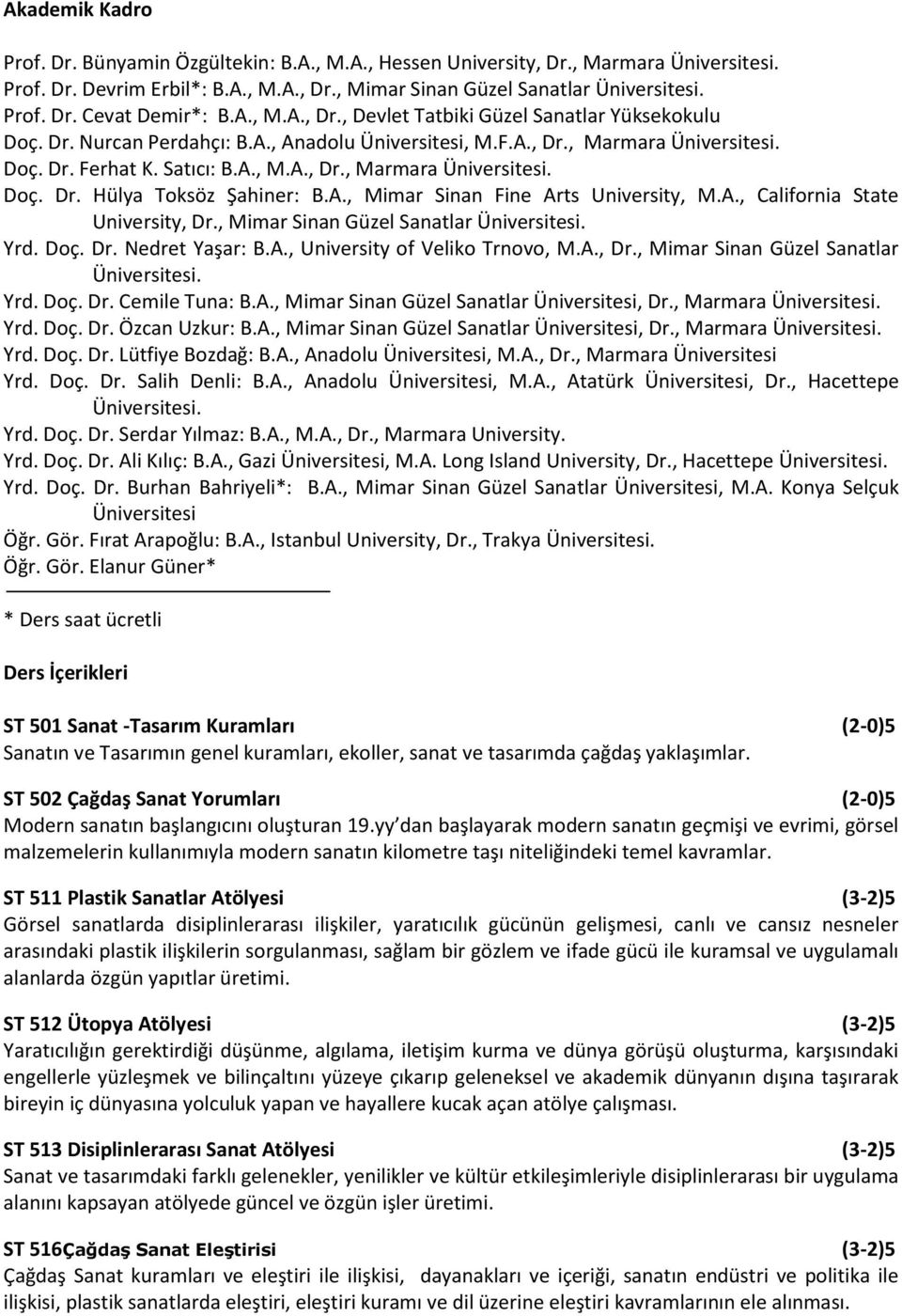 A., Mimar Sinan Fine Arts University, M.A., California State University, Dr., Mimar Sinan Güzel Sanatlar Üniversitesi. Yrd. Doç. Dr. Nedret Yaşar: B.A., University of Veliko Trnovo, M.A., Dr., Mimar Sinan Güzel Sanatlar Üniversitesi. Yrd. Doç. Dr. Cemile Tuna: B.