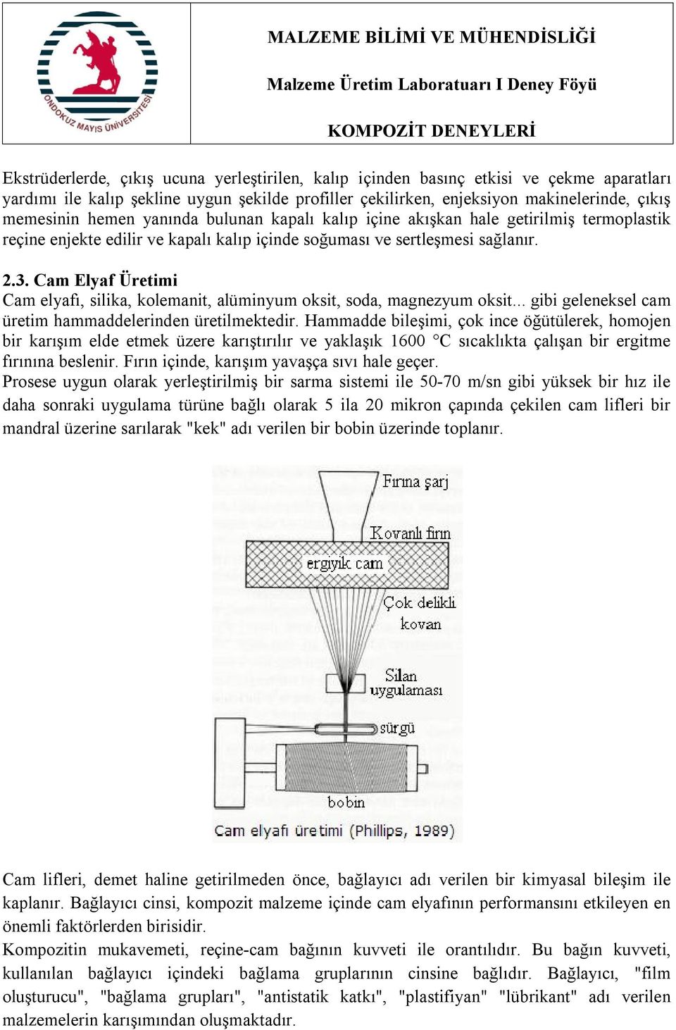 Cam Elyaf Üretimi Cam elyafı, silika, kolemanit, alüminyum oksit, soda, magnezyum oksit... gibi geleneksel cam üretim hammaddelerinden üretilmektedir.